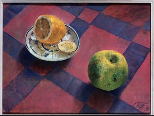 Omena ja sitruuna. (omena ja sitruuna). Kuzma Sergeevich Petrov Vodkin (Petrov-Vodkin) (Kouzma Petrov Vodkin) (Petrov-Vodkin) (1878-1939), öljy kankaalle tekijältä Kuzma Sergeevich Petrov Vodkin