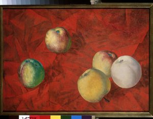 Omenat punaisella pohjalla. (Omenat punaisella taustalla). Kuzma Sergejevitš Petrov Vodkin (Petrov-Vodkin) (Kouzma Petrov Vodkin) (Petrov-Vodkin) (1878-1939), öljy kankaalle tekijältä Kuzma Sergeevich Petrov Vodkin