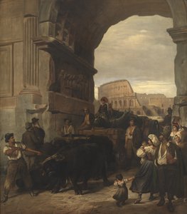 Roomalaiset työläiset kuljettavat antiikkista keisarillista patsasta Colosseumista Tituksen kaaren kautta Capitolinian museoihin