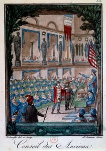 Hakemisto: "" Le Conseil des Ancients"" Kaiverrus kirjasta "" Mors et customs du peuple francais", Labroussen kaiverrus. 1700-luvun Pariisi, B.N.