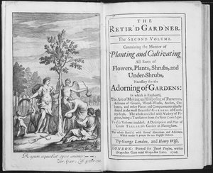 George Londonin ja Henry Wisen eläkeläispuutarhurin etukappale, kaiverrus Van der Gucht, 1706 (bw kuva) tekijältä L. Laguerre
