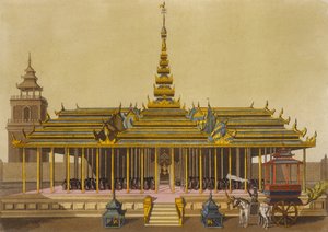 Siamin kuningas puhuttelee paviljongissaan hovimiehiä, Jules Ferrarion Le Costume Ancien et Modernen levy 69, kaiverrus Gaetano Zancon (1771-1816), julkaistu noin 1820-30-luvulla tekijältä L. Rossi