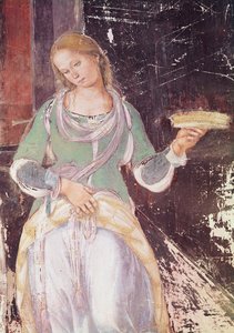 Palvelija kädessään koria, yksityiskohta Pyhän Benedictin vieraanvaraisuudesta, Pyhän Benedictuksen elämästä, 1497-1498 (yksityiskohta 164410)