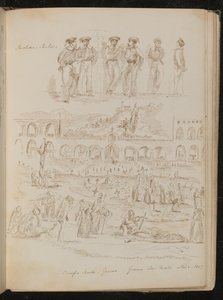 Kuusi "sardian merimiestä", laaja kohtaus kirkosta ja hautausmaalta, jotka on merkitty nimellä "Cruifo Santo - Genova". Giorno dei Morti. 2.11.-p 1859