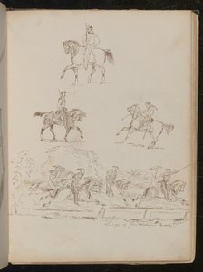 Tutkimuksia sotilaista hevosen selässä, ryhmäkohtaus on kirjoitettu "Charge of Garibaldian Cavalry" (kynä ja muste)