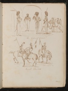 Tutkimuksia sotilaista, joihin on kirjoitettu "Keisarillinen vartija", sotilaista, joilla on liput hevosen selässä, kirjoitettu "French Lancers" tekijältä Lady Butler