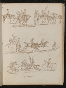Kolme tutkimusta hevosen selässä olevista sotilaista, joihin on kaiverrettu "Garibaldian Cavalry" tekijältä Lady Butler