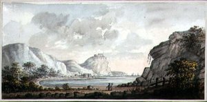 Maisema kahdella hahmolla lahdelle, n. 1825 (akvarelli paperille) tekijältä Lady Egerton