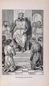 Charlemagne (742-814) ja pojat, kuvitus teoksesta "Pikku Arthurin Ranskan historia: Varhaisimmista ajoista toisen imperiumin kukistumiseen", julkaistu 1899