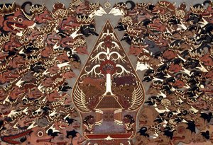Maalaus Wayang Beber -tyyliin, joka on saanut inspiraationsa Theatre of Shadowsista (wayang kulit), Mangkunegaranin palatsista, Surakartasta, Javasta, Indonesiasta