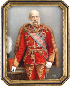 Itävallan Francois Joseph I:n (1830-1916) muotokuva unkarilaisessa univormussa. Lajos Oskon (1865-1922) työ, akvarelli ja guassi sarvessa. Unkarilainen taide, akateeminen taide. Yksityinen kokoelma. tekijältä Lajos Osko