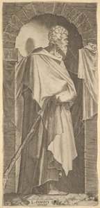 Sant Jaume Menor en nínxol arquejat, amb un bastó a les mans, que són c..., 1545. finlandès