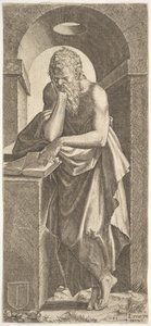 Pyhä Simon seisoo avoimen kirjan edessä vasemman kätensä sormet painettuina..., 1545.