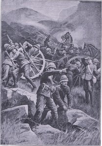 Kukkulan rinteellä kaatunut ase, teoksesta After Pretoria: The Guerilla War, jonka on julkaissut Harmsworth Bros Limited, 1901. tekijältä Lancelot Speed
