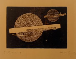 Nimetön (kaksi ympyrää palkkeilla) tekijältä Laszlo Moholy Nagy