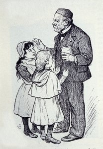 Muotokuva Louis Pasteurista (1822-1895), ranskalaisesta kemististä ja fyysikistä, joka antaa makeisia instituutin lapsille. Luonnos Lucien Laurent-Gsell (Laurent Gsell) (1860-1944). DR tekijältä Laurent Lucien Gsell