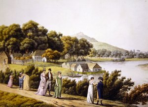 Näkymä Brigittenaun alueelle ja Tonavalle Augartenin puolelta, 1800-luvun alku (kaiverrus) tekijältä Laurenz (after) Janscha