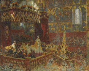 Tsaari Nikolai II:n kruunajaiset Moskovassa. Luonnos