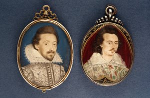 Vasemmalla: Lawrence Hilliardin nuoren miehen muotokuva, n. 1620. Oikealla: Nicholas Hilliardin (1547-1619) nuoren miehen muotokuva, n. 1585