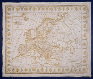 T.143-1938 Fanny Le Gayn ompelema Euroopan karttaa esittävä näytekangas, jonka hän ompeli ja lahjoitti kreivi Fourgroylle. tekijältä Le Gay