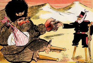 Future Alliance - "Meidän olisi pitänyt aloittaa näin!" - Venäjä ja Japani kättelevät. 1904 (litho) tekijältä Leal de Camara