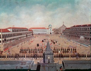 Sotilaallinen paraati Rio de Janeiron kuninkaallisella aukiolla Brasiliassa Akvarelli Leandro Joaquim (1738-1798) 1700-luvun Rio de Janeiro, kansallinen historiallinen museo tekijältä Leandro Joachim