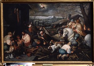 ""Tammikuu"" (tammikuu) Metsästäjät, villaa kehrävät naiset. Vesimiehen symboli taivaalla. Leandro Bassano da Ponten (1557-1622) maalaus, mitat 146 x 192 cm Tulan valtion taidemuseo