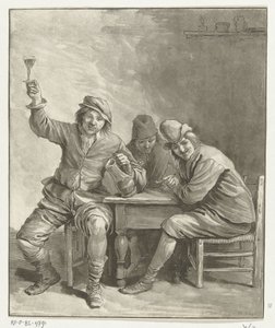 Kolme miestä pöydässä tupakoimassa ja juomassa tekijältä Leendert Brasser (signed by artist)