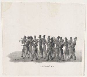 Muusikot Leidenin opiskelijoiden kulkueessa, 1835 Hei Muse! (otsikko esineessä) Yksittäiset esitykset, jotka nousut pitävät H.H. Leidsche Hoogeschoolin opiskelijat 9.2.1835, suljettu (sarjan nimi esineessä) tekijältä Leendert Springer (I)