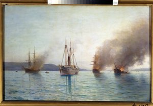 Venäjän torpedoveneen suurherttua Konstantin tuhoamassa turkkilaisia ​​laivoja Bosporinsalmella 1877 (Venäjän torpedoveneen tarjouskilpailun suurherttua Konstantin tuhoamassa turkkilaisia ​​laivoja Bosporinsalmella 1877). Venäjän välisen sodan meritaistelu