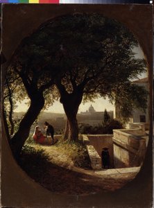 Rooman lähellä (Italia) (Roman lähellä). Puiden alla istuva nainen vauva sylissään kuuntelee miestä hatussa ja viitassa. Toinen mies lähestyy heitä portaista. Lev Felixovich Lagorion (1827-1905) maalaus