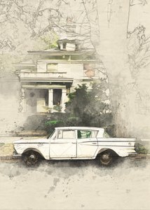 Vintage-auto ja vanha talo -luonnos