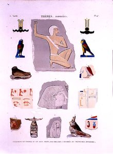 Kuvituksia maalatuista reliefeistä kivelle ja puupalasille Hypogees, Thebes-levy 47 julkaisun "Descriptions of Egypt" osasta II, LeRoyn kaiverrus tekijältä Lenoir (after)