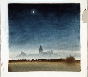 Kuutamoinen maisema, n. 1920 (puupalikka) tekijältä Leo Frank