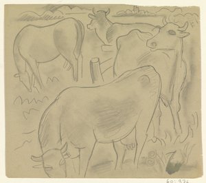 Kolme lehmää ja hevonen niityllä tekijältä Leo Gestel
