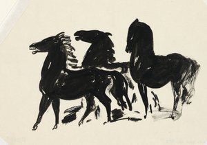 Kolme mustaa hevosta seisomassa katsoen vasemmalle tekijältä Leo Gestel