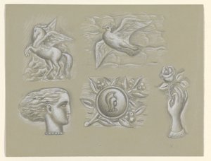 Pegasus, kyyhkynen, naisen pää, ase ja käsi ruusulla tekijältä Leo Gestel