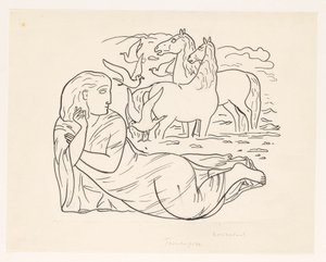 Nainen makaa rannalla kahden hevosen ja lokkien kanssa tekijältä Leo Gestel
