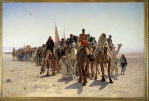 Peleriinit menossa Mecca Carvaneen autiomaassa kameleilla matkustavilta. Leon Auguste Adolphe Bellyn (1827-1877) maalaus 1861 su. 1,6x2,4 m Pariisi, musee d