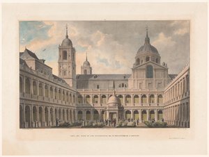 Zicht op de San Lorenzo de El Escorialin luostarin evankelistien sisäpiha Näkymä S. Lorenzon R.-luostarin evankelistien pihalle (otsikko esineessä)