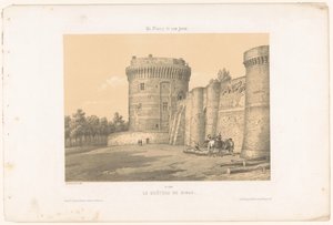 Näkymä yhdelle Dinanin linnan torneista Le Château de Dinan (otsikko esineessä) Contemporary France (sarjan nimi) La France de nos jours (sarjan nimi esineellä) tekijältä Leon Auguste Asselineau