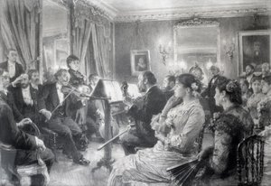 Kvartetti eli Musiikki-ilta Amaury Duvalin talossa, 1881 (hiili paperilla) tekijältä Leon Augustin Lhermitte
