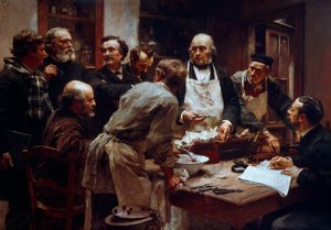 Lääkäri Claude Bernardin (1813-1878) dissektiokurssi (esiliinan kanssa) hänen oppilaidensa Paul Bertin (1833-1886) läsnä ollessa ja Leon Augustin Lhermitten (1844-1925) Arsonvalin Arsene (1851-1940) maalaus 19. vuosisadan Pariisi, Tiedeakatemia tekijältä Leon Augustin Lhermitte