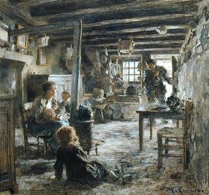 Perhe, sisustus Fonte (Isän paluu) 1887 (pastelli paperille) tekijältä Leon Augustin Lhermitte
