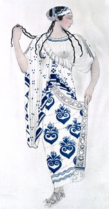 Pukusuunnittelu Ida Rubinsteinille Helenina baletissa Helen of Sparta, 1912 tekijältä Leon Bakst