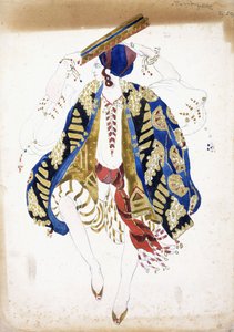 Pukusuunnittelu miestanssijalle "Danse Juivessa", housut ja turbaani, soittaen tamburiinia, tekijältä Leon Bakst