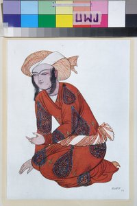 Puku Nikolai Rimski Korsakovin (Rimski-Korsakovin) (1844-1908) balettiin Sheherazade - Leon Bakstin (1866-1924) työ, litografia 1922 - (Nikolaji Rimski Korsakovin balettiin Sheherazade, Leon Bakst, Väri lith tekijältä Leon Bakst