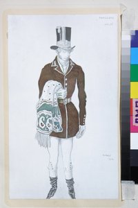 Puku Robert Schumannin balettiin Les Papillons - Leon Bakstin (1866-1924) teos, litografia 1912 - (Robert Schumannin Les Papillons -baletin pukusuunnittelu, Leon Bakstin värilitografia tekijältä Leon Bakst