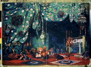 Lavastus Nicolas (Nikolai) Rimski Korsakovin (Rimski-Korsakov) (1844-1908) balettiin "Sheherazade" Tuhannen ja yhden yön tarinoiden jälkeen. (N.Rimski Korsakovin (Rimski-Korsakovin) Sheherazade-baletin lavasuunnittelu. Leon Bakstin piirustus (1866-1). tekijältä Leon Bakst