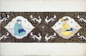 Valmisteleva sisustus Bohuslav Martinun (1890-1959) baletille "Ishtar". (Lavastus B. Martinun balettiin Istar). Kaksi hahmoa pukeutunut itämaiseen, lehtien ja eläinten koristeluun. Leon Bakstin (1866-1924) työ, akvarelli ja tekijältä Leon Bakst